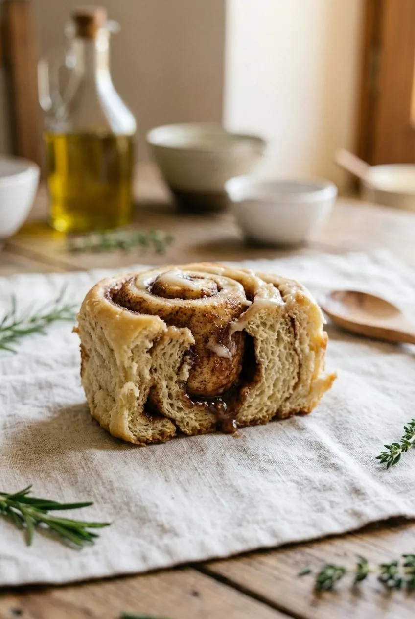 A batch of sourdough discard cinnamon rolls in a baking dish, topped with cream cheese icing.