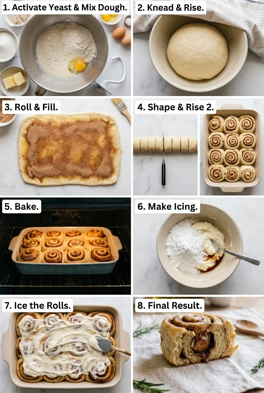 A batch of sourdough discard cinnamon rolls in a baking dish, topped with cream cheese icing.