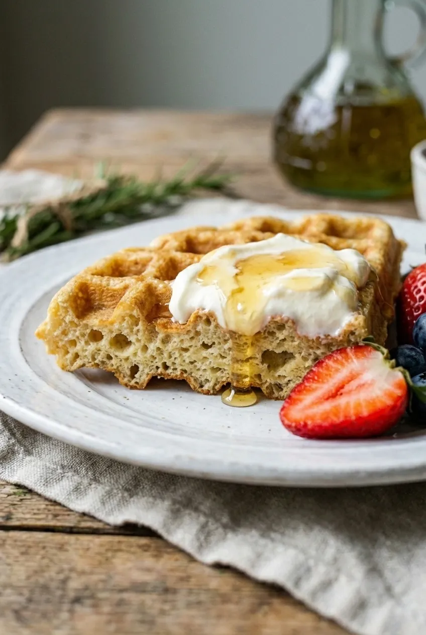 A stack of golden brown sourdough discard waffles on a white plate, topped with fresh berries and maple syrup.