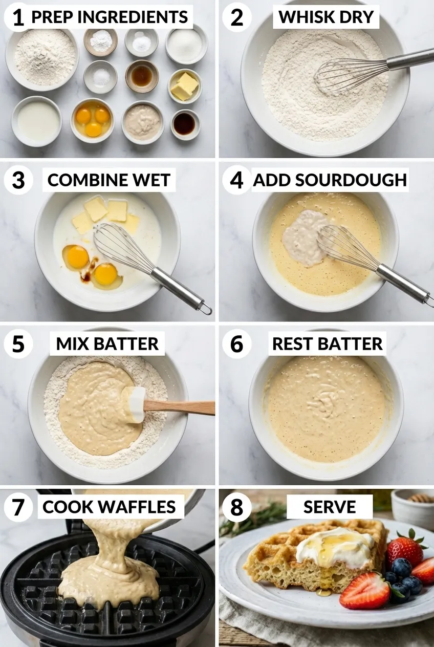 A stack of golden brown sourdough discard waffles on a white plate, topped with fresh berries and maple syrup.