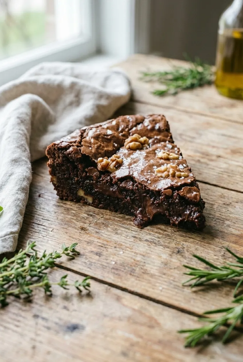 A stack of square sourdough discard brownies on a plate, showing a fudgy center and crackly top.
