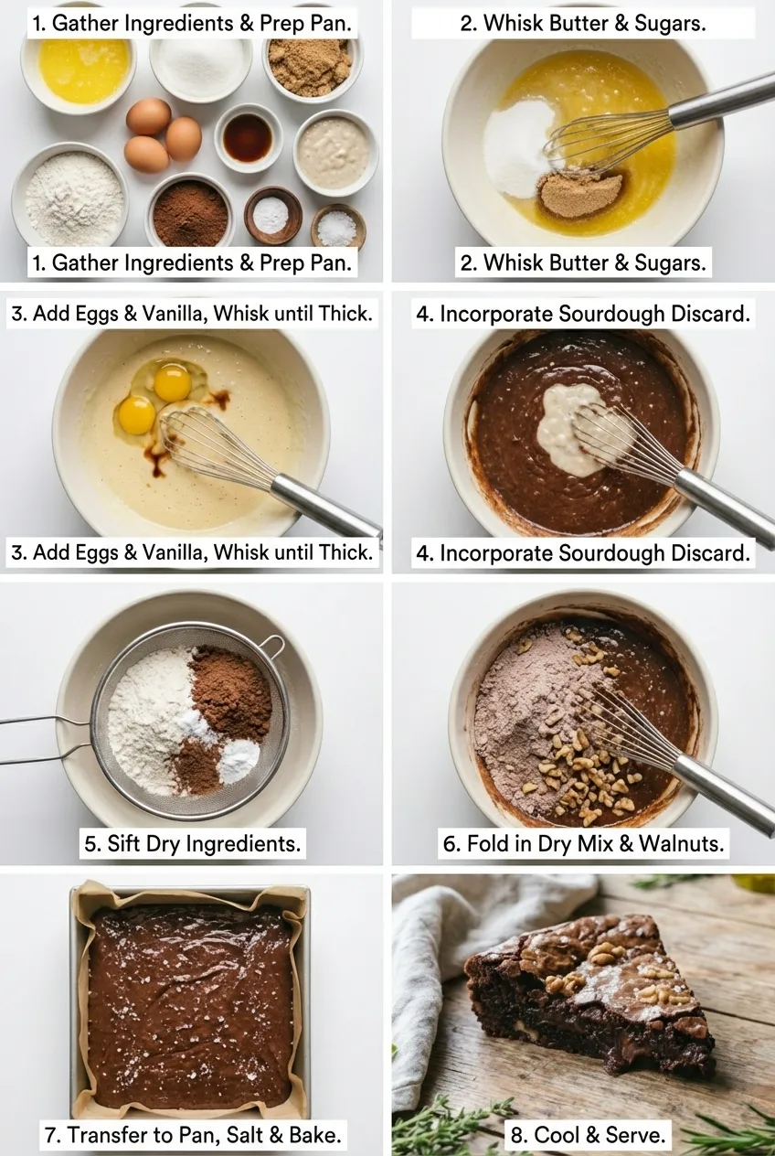 A stack of square sourdough discard brownies on a plate, showing a fudgy center and crackly top.