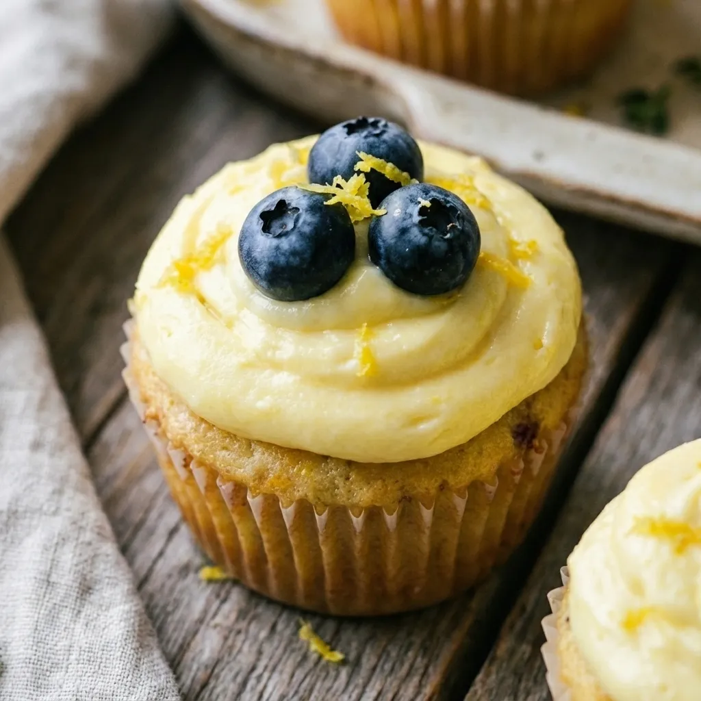 A dozen lemon blueberry cupcakes with white cream cheese frosting on a wire cooling rack.