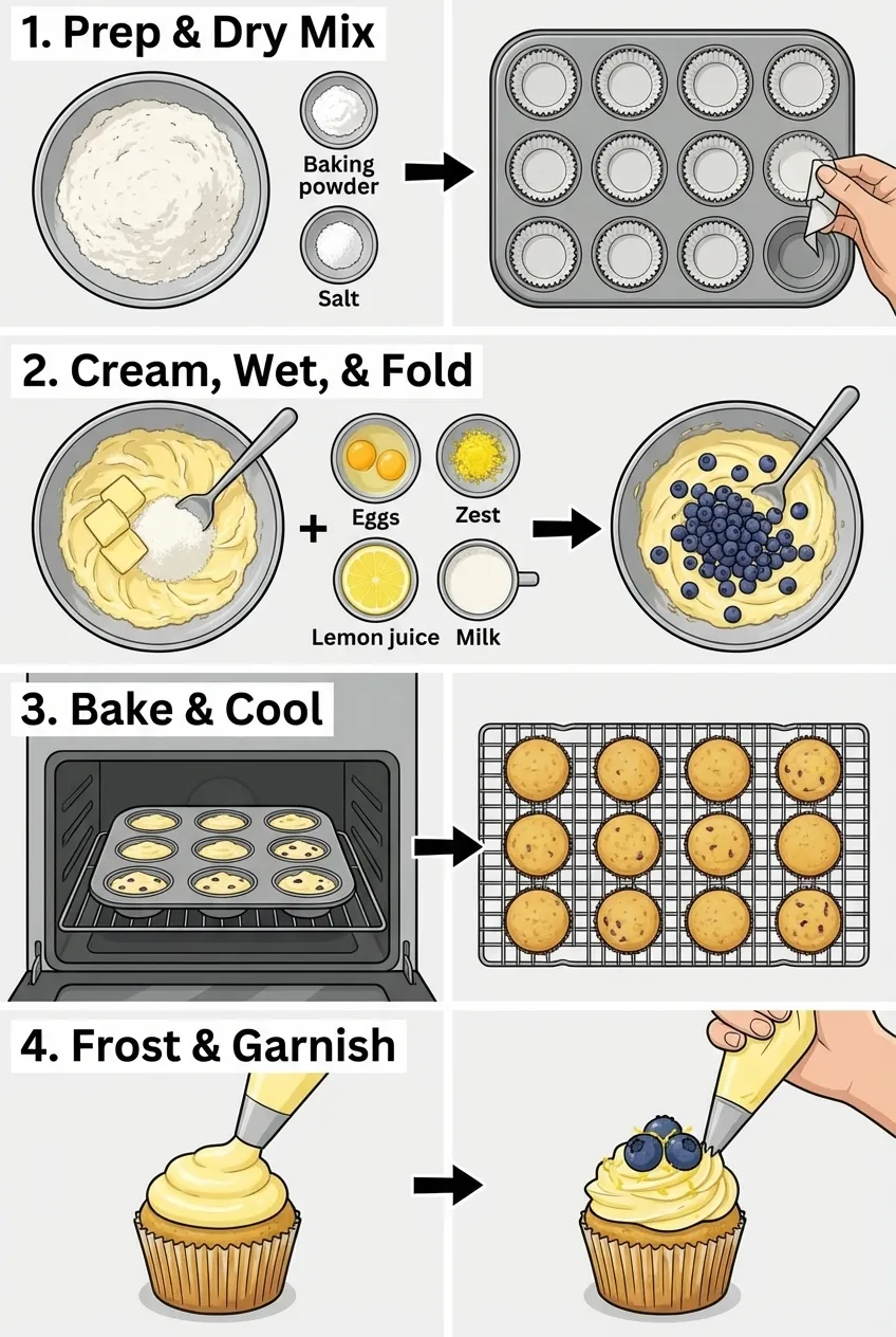 A dozen lemon blueberry cupcakes with white cream cheese frosting on a wire cooling rack.