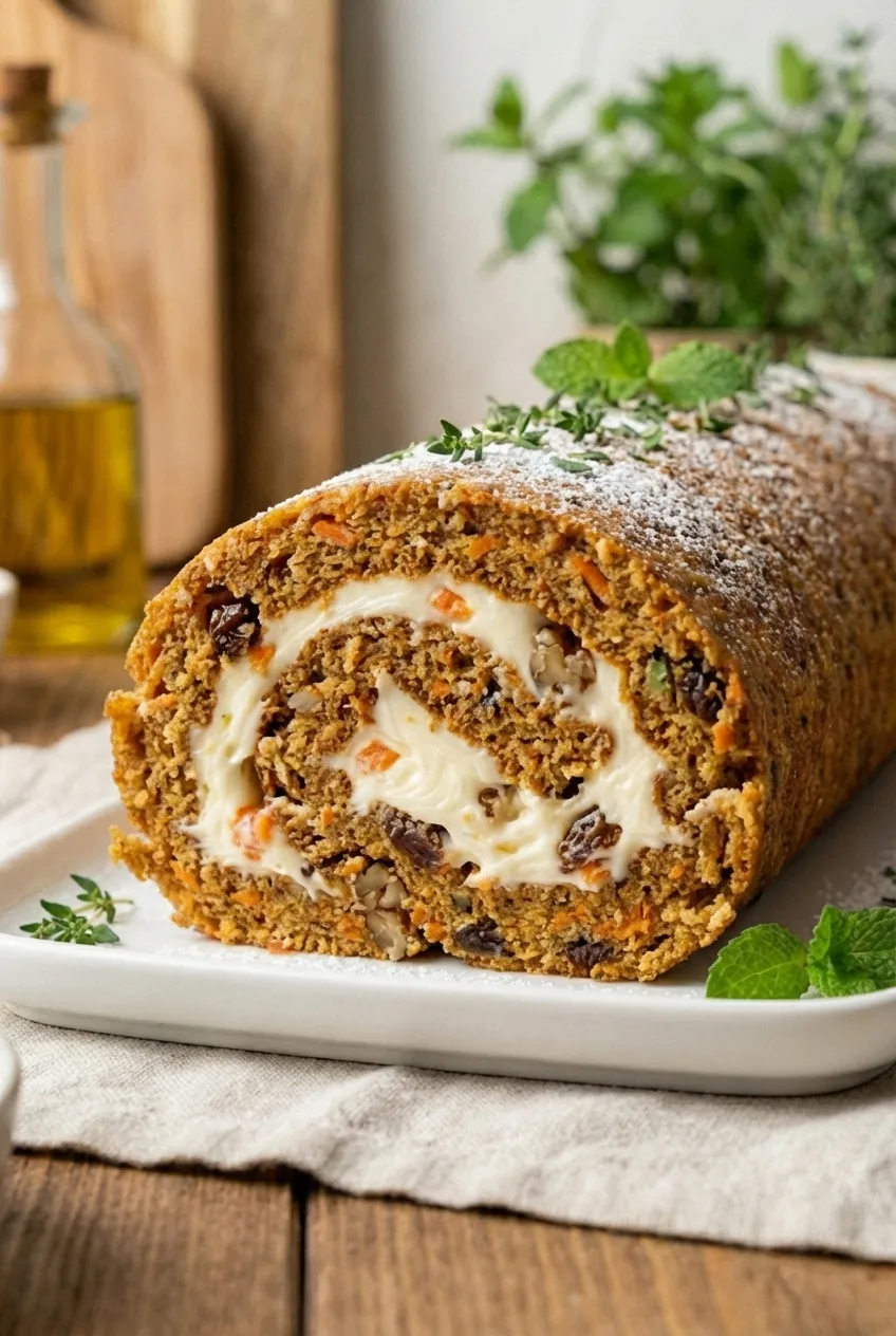 A sliced carrot cake roll on a white serving platter, showing the swirl of cake and cream cheese filling.