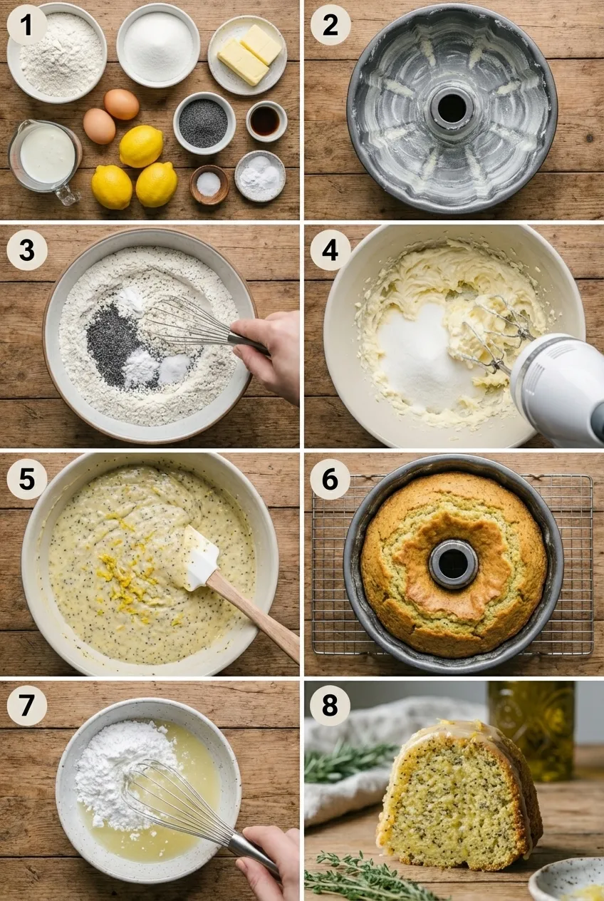 A whole lemon poppy seed bundt cake on a white plate, drizzled with a glossy white glaze and garnished with lemon zest.