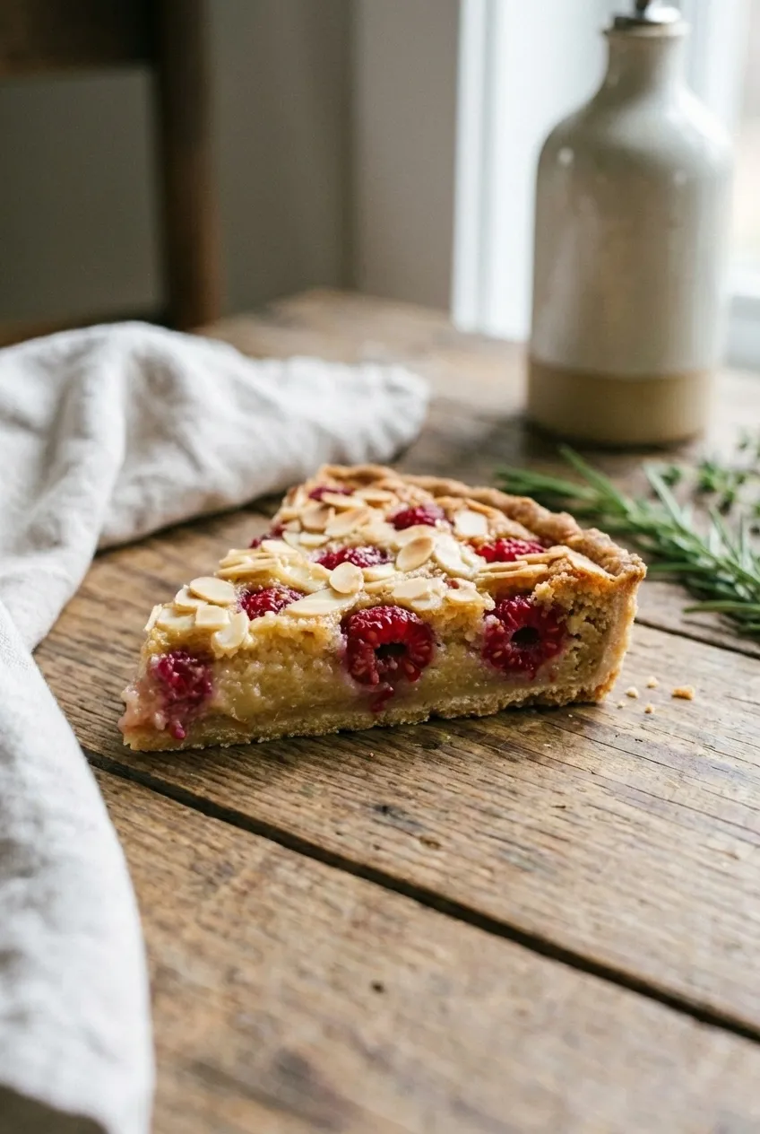 Overhead view of a whole raspberry almond tart, topped with fresh raspberries and sliced almonds in a fluted pan.