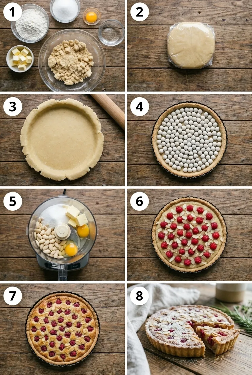 Overhead view of a whole raspberry almond tart, topped with fresh raspberries and sliced almonds in a fluted pan.