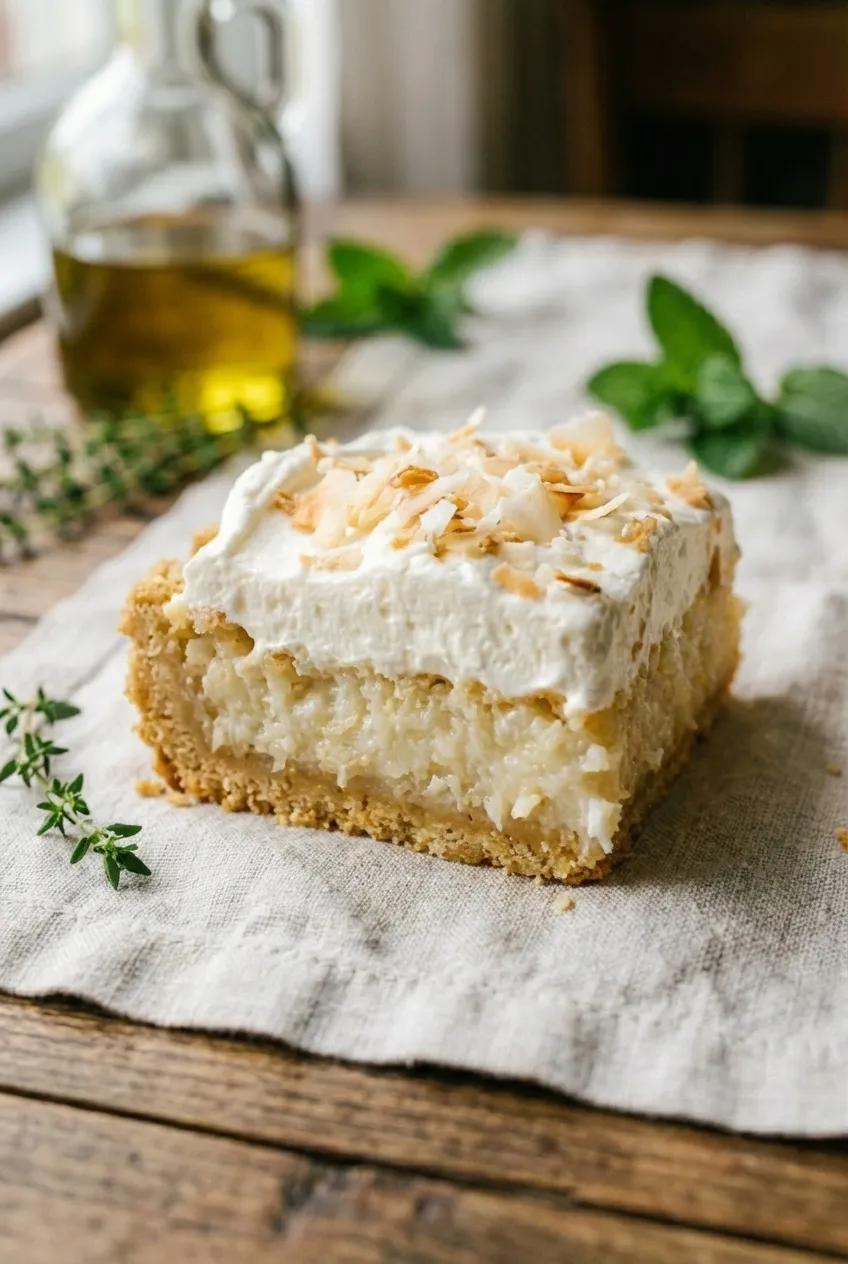 A close-up shot of a single coconut cream pie bar on a plate, showing the layers of crust, cream filling, and topping.