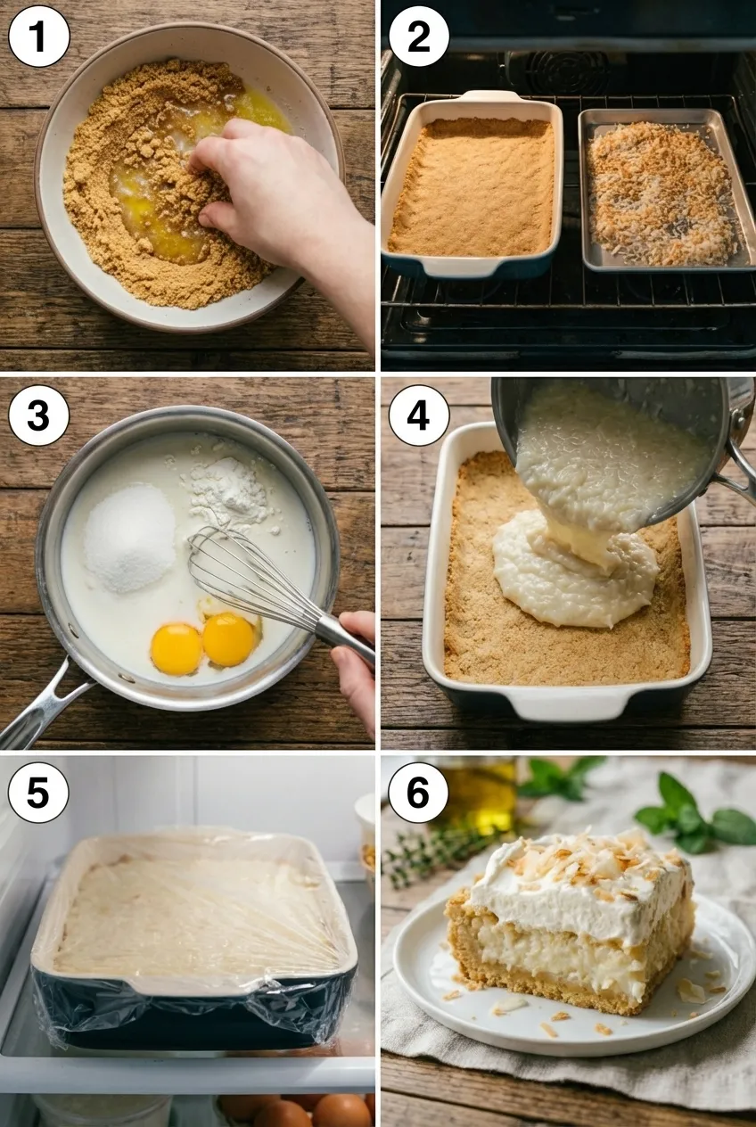 A platter of coconut cream pie bars, sliced and topped with whipped cream and golden toasted coconut.