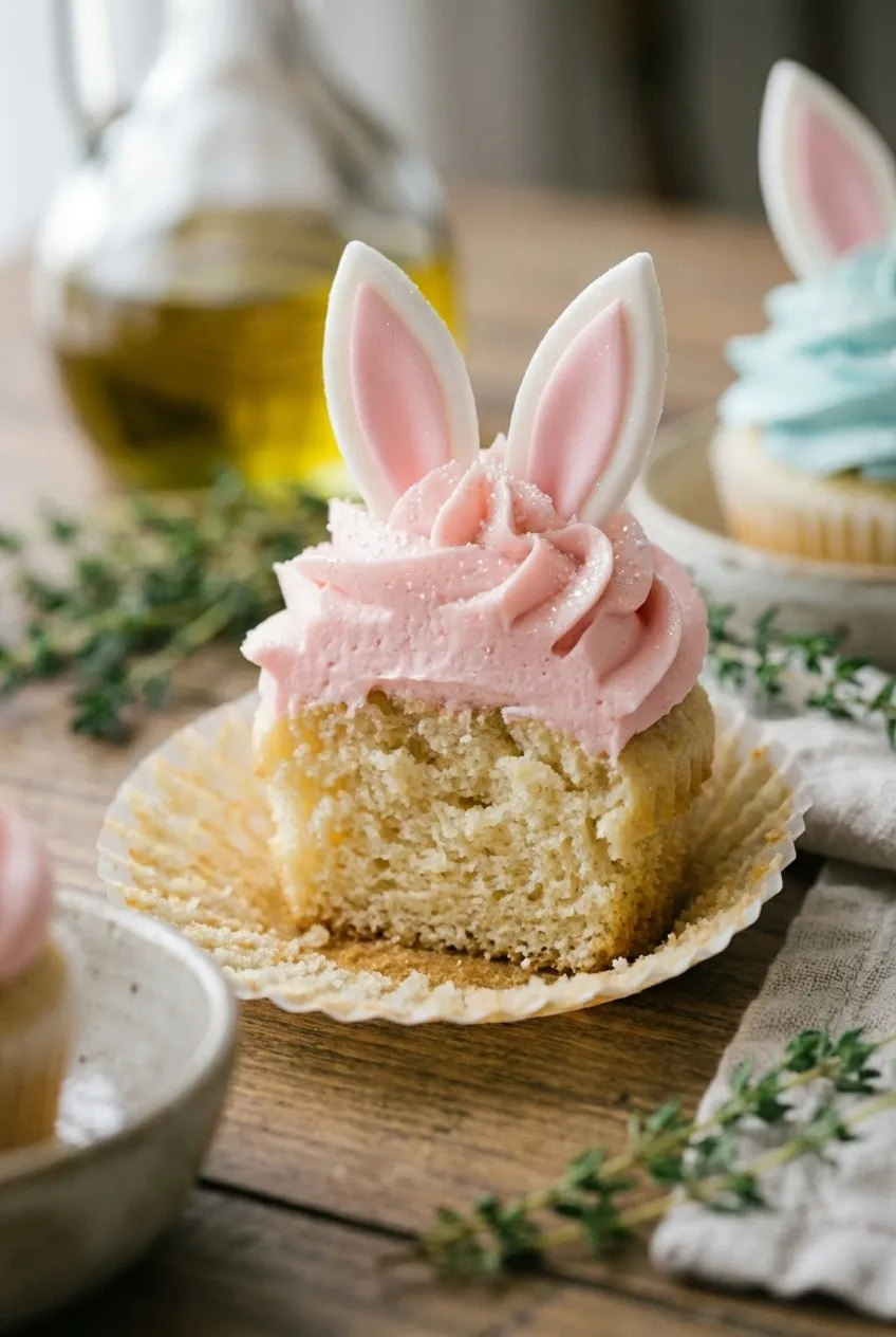A dozen Easter bunny cupcakes with white buttercream frosting and pink fondant ears arranged on a white serving platter.
