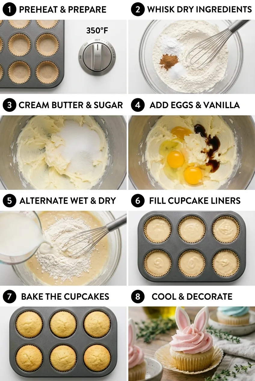 A dozen Easter bunny cupcakes with white buttercream frosting and pink fondant ears arranged on a white serving platter.