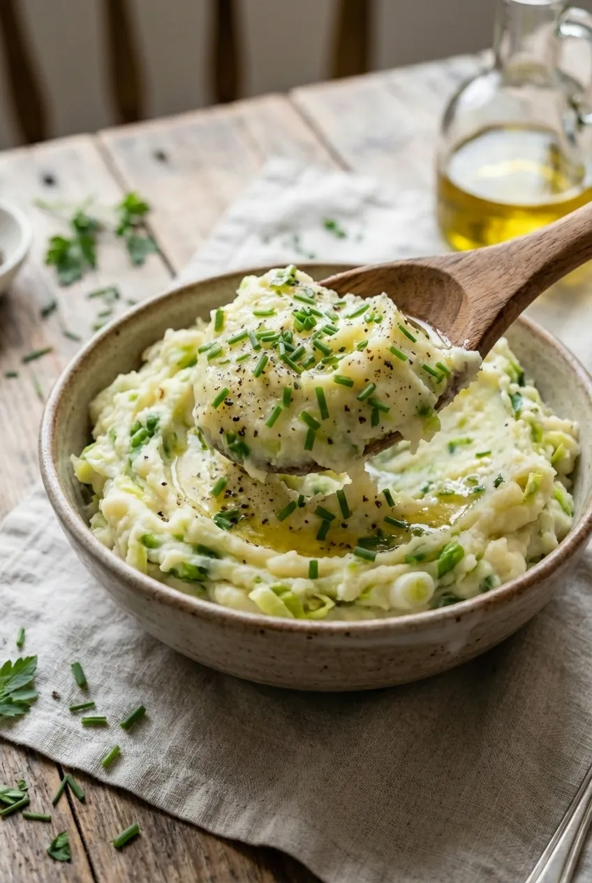 A spoonful of colcannon mashed potatoes showing the texture of the potatoes, tender cabbage, and flecks of green onion.