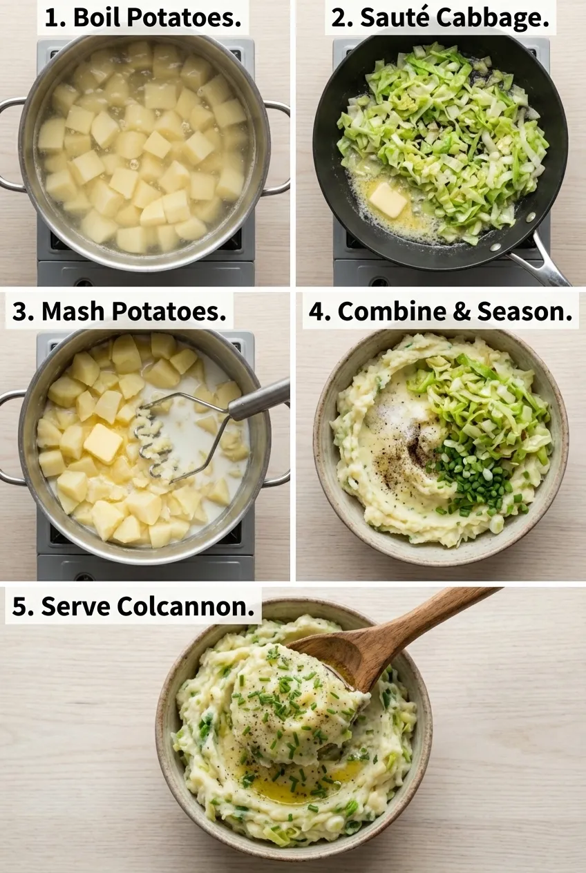 A white serving bowl filled with creamy colcannon mashed potatoes, topped with a pat of melting butter and fresh chives.