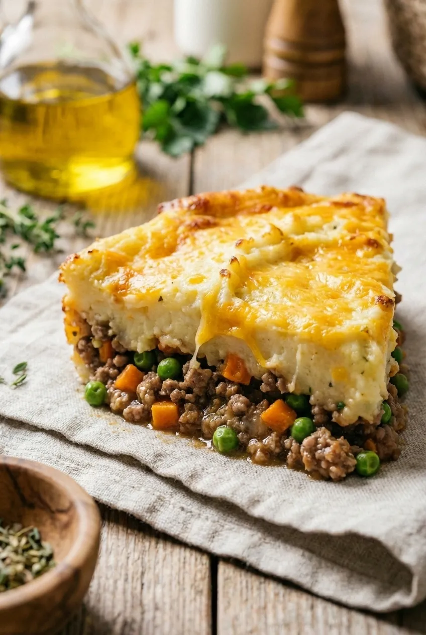 Shepherd's Pie in a baking dish, showing the savory lamb filling topped with golden-brown cheddar mashed potatoes.
