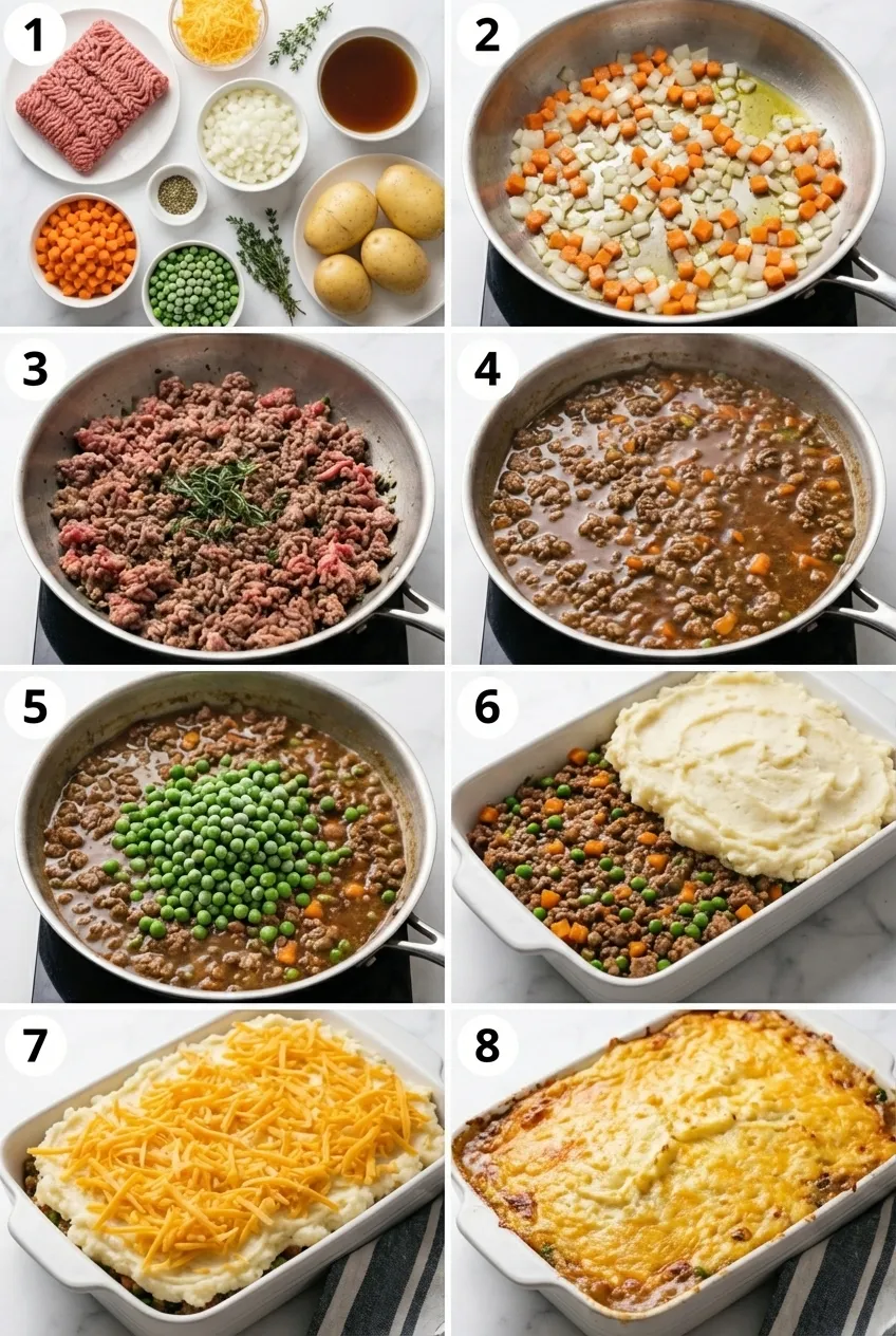 Shepherd's Pie in a baking dish, showing the savory lamb filling topped with golden-brown cheddar mashed potatoes.