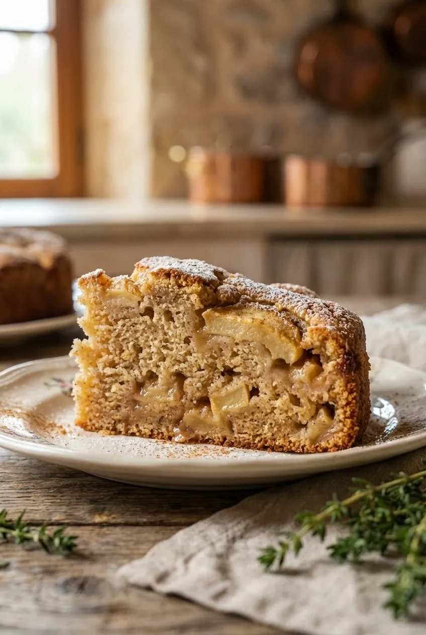 A slice of Irish apple cake on a white plate, dusted with powdered sugar, with the full cake in the background.