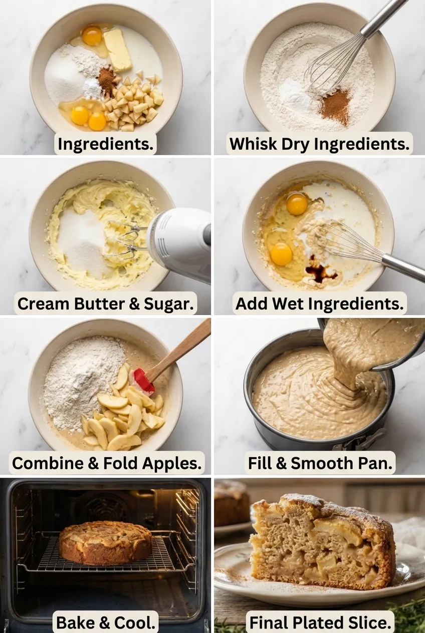 A slice of Irish apple cake on a white plate, dusted with powdered sugar, with the full cake in the background.