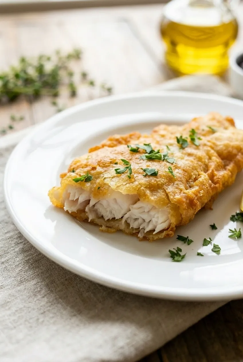 A plate of golden brown, crispy beer-battered fish fillets served with fresh lemon wedges and tartar sauce.