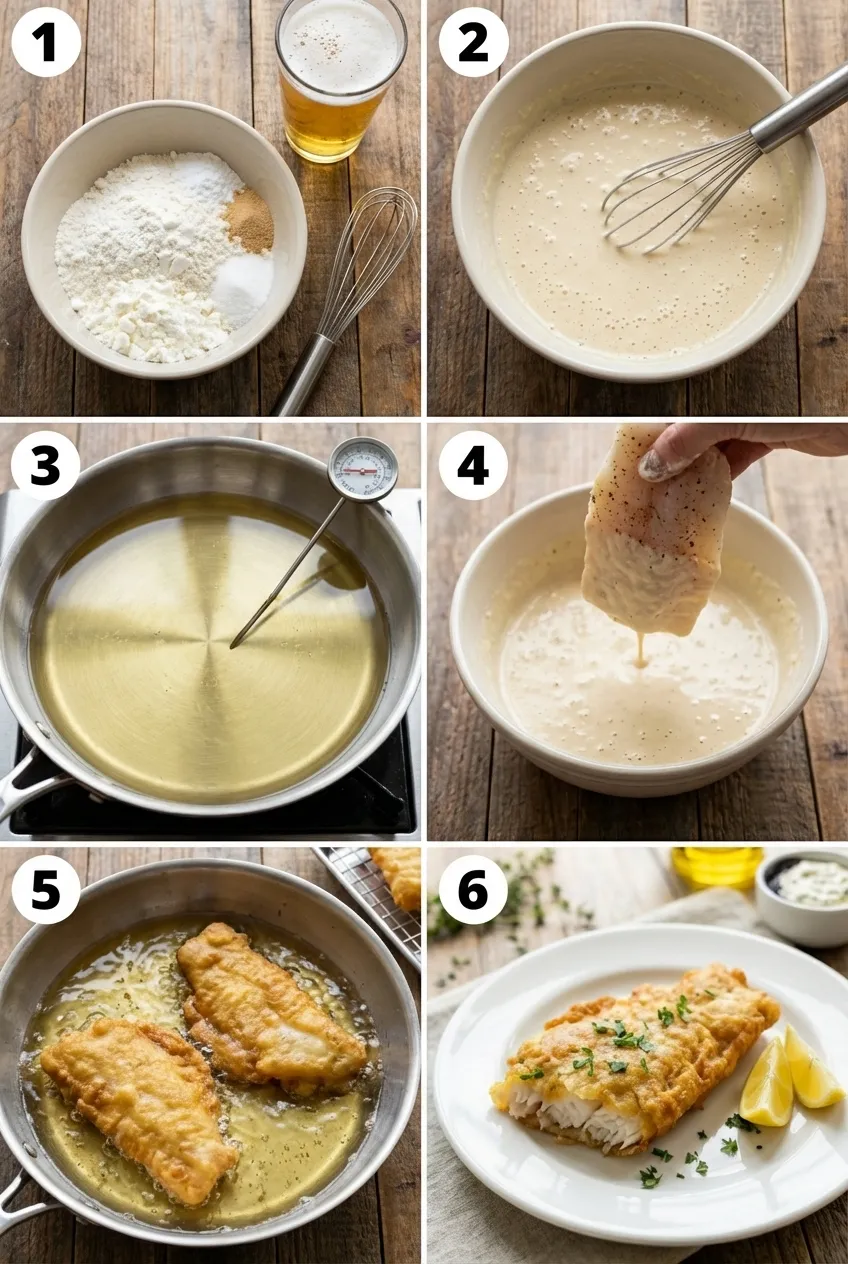 A plate of golden brown, crispy beer-battered fish fillets served with fresh lemon wedges and tartar sauce.