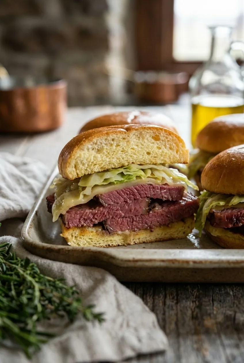 Corned beef and cabbage sliders on toasted buns, garnished with fresh parsley on a wooden board.