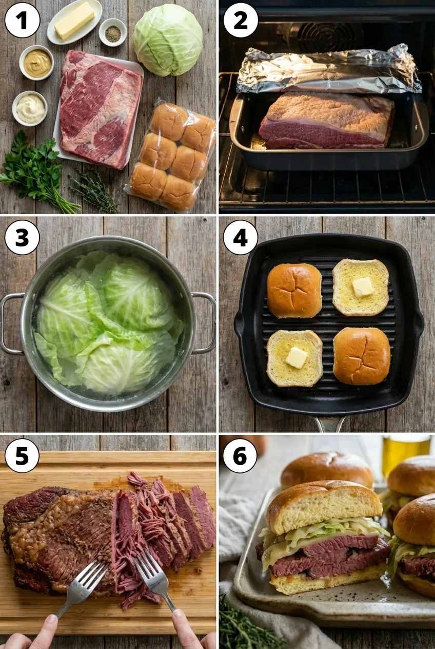 Corned beef and cabbage sliders on toasted buns, garnished with fresh parsley on a wooden board.