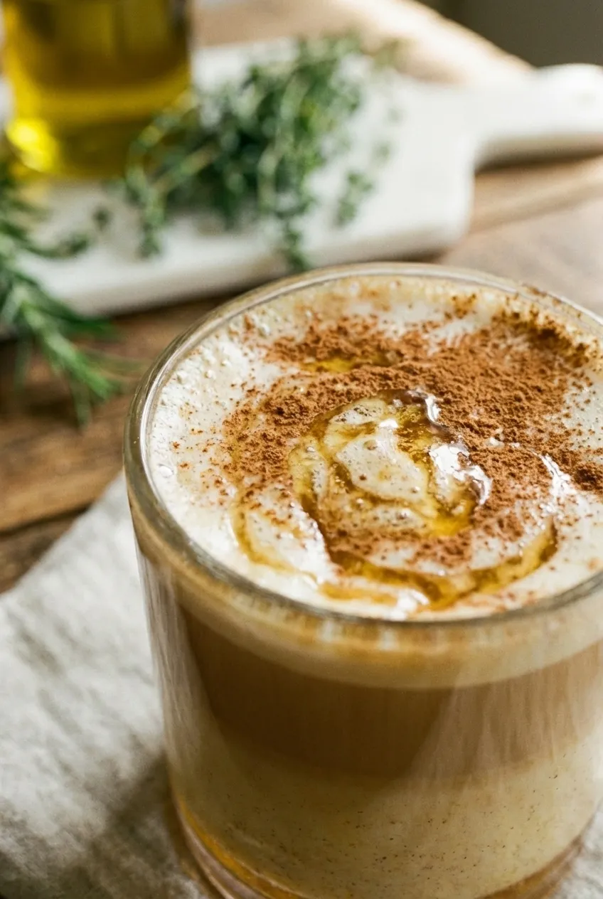 A honey cinnamon latte in a white ceramic mug, topped with frothed milk, a sprinkle of cinnamon, and a cinnamon stick.