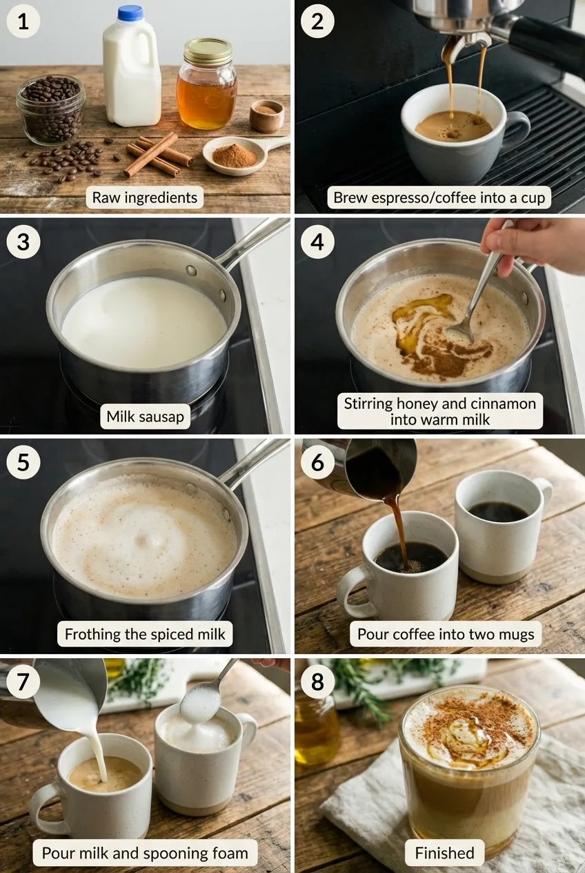 A honey cinnamon latte in a white ceramic mug, topped with frothed milk, a sprinkle of cinnamon, and a cinnamon stick.