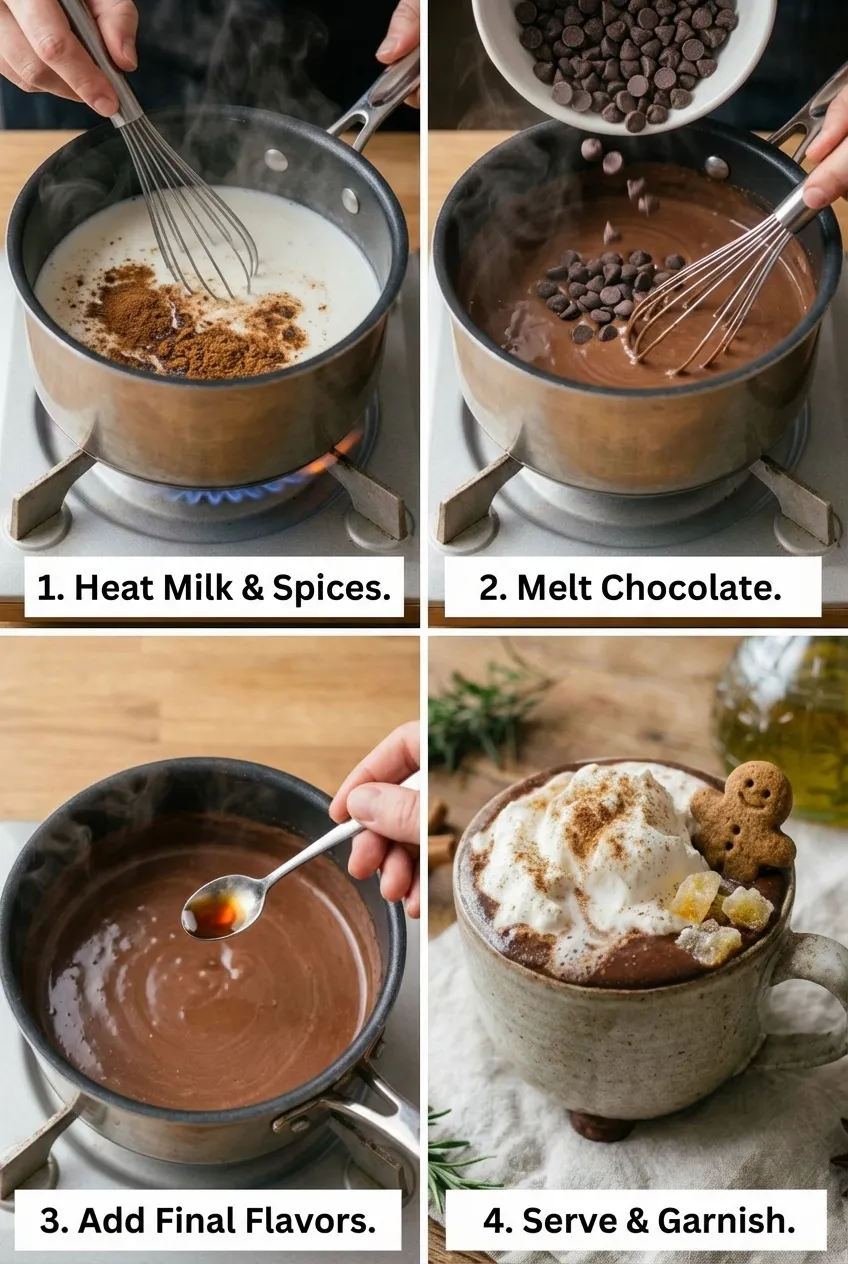 A mug of homemade gingerbread hot chocolate topped with whipped cream and a sprinkle of cinnamon, next to a saucepan.