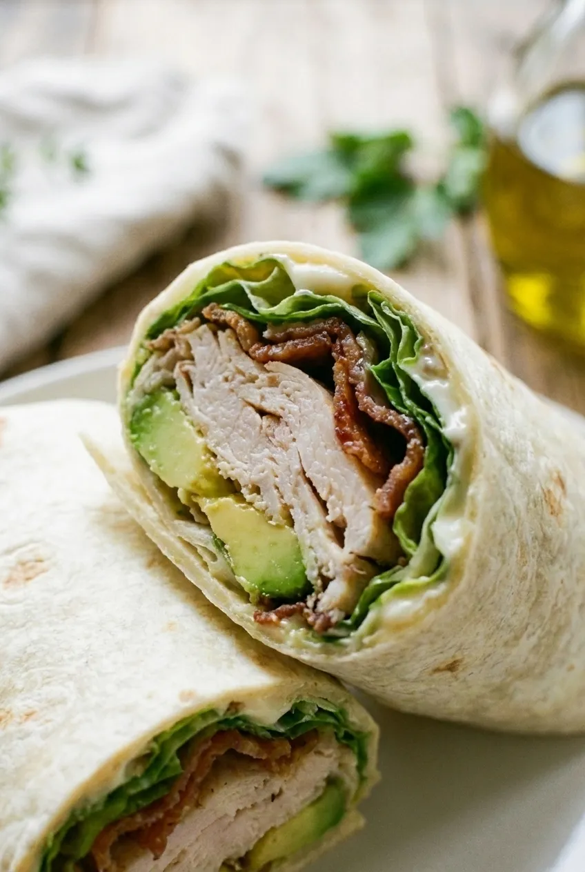 An overhead view of four halves of a turkey avocado club wrap, neatly arranged and revealing the colorful fillings.