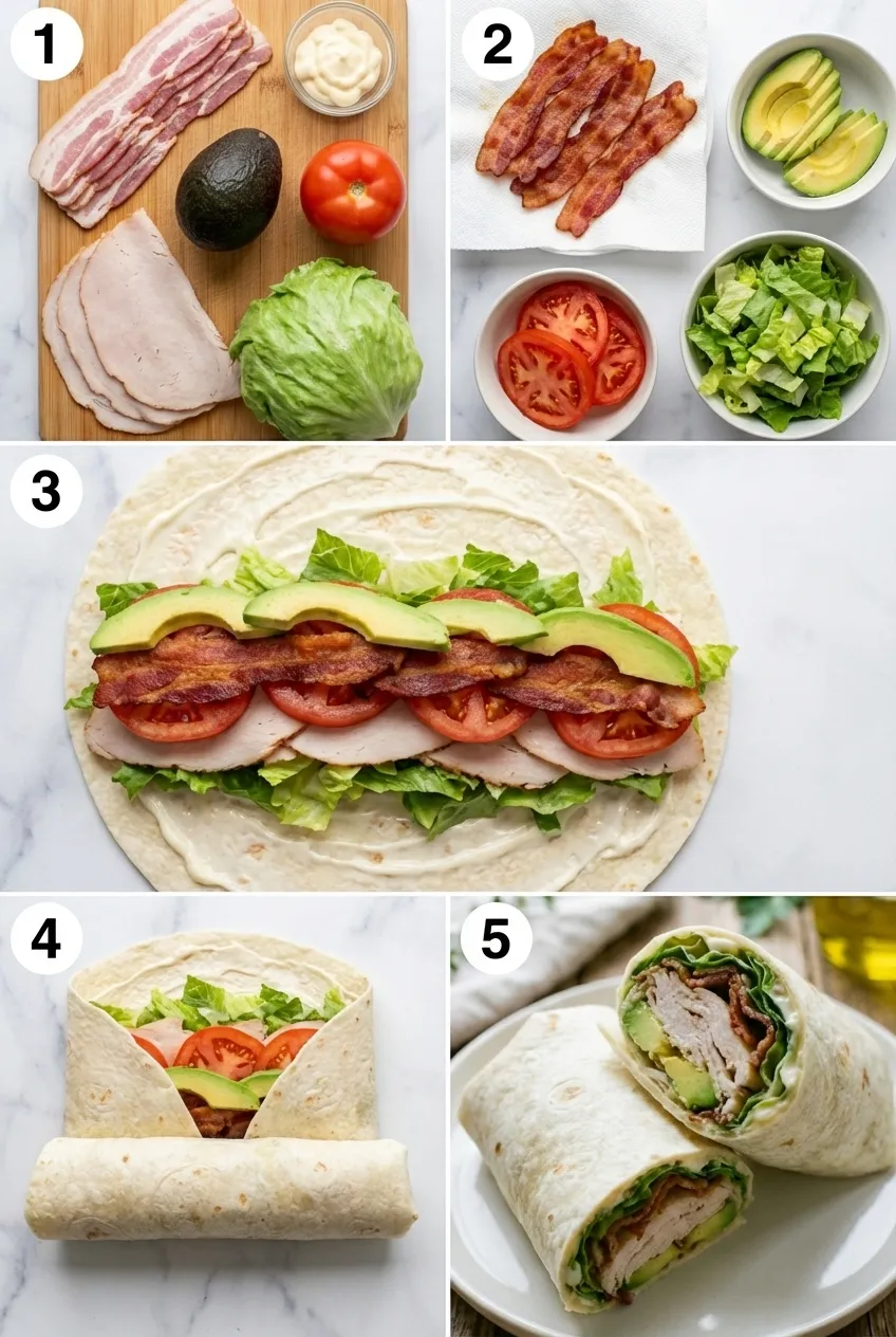 A turkey avocado club wrap sliced in half, showing layers of turkey, bacon, avocado, tomato, and lettuce on a wooden board.