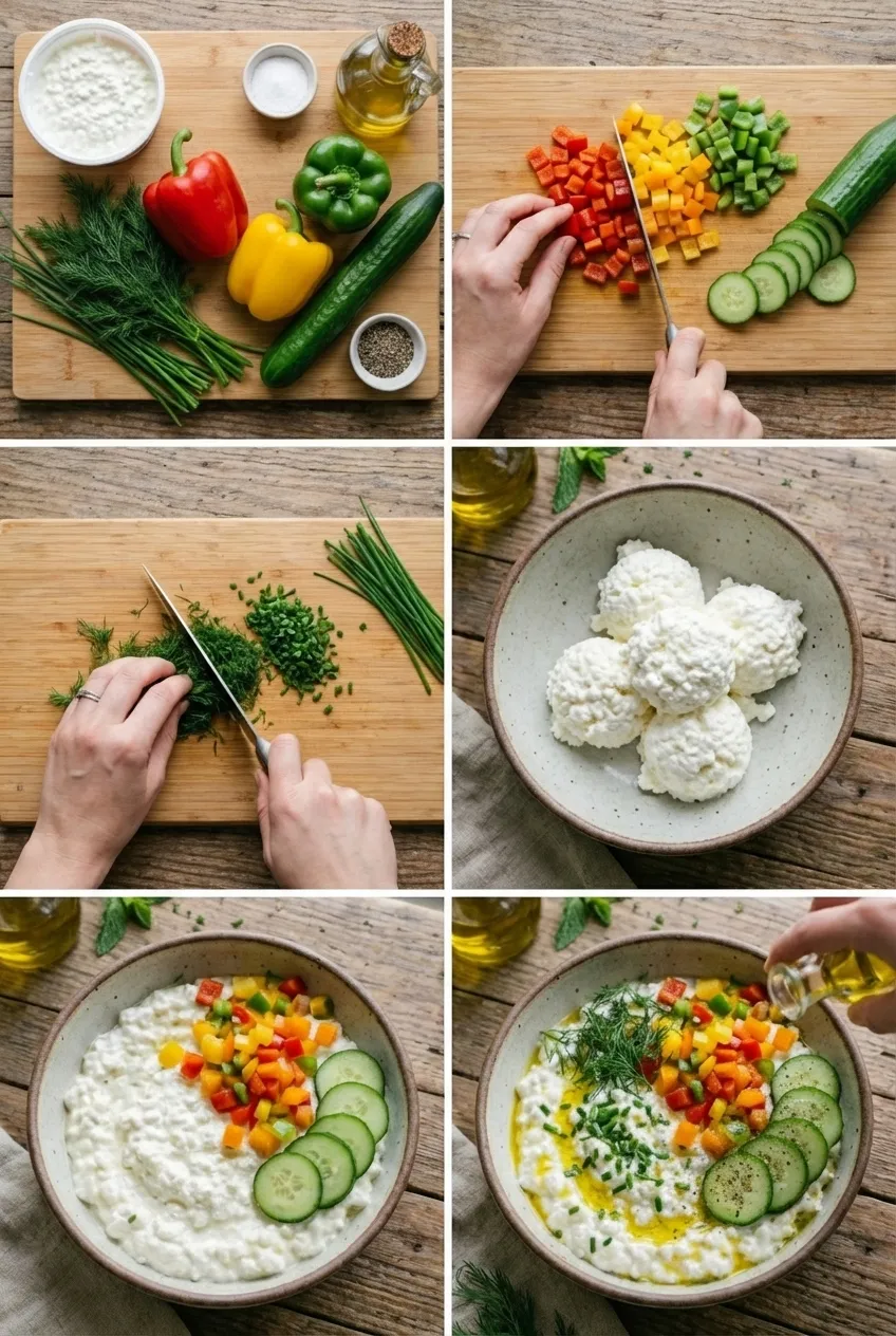 A white bowl filled with cottage cheese, topped with diced bell peppers, sliced cucumbers, and fresh herbs.
