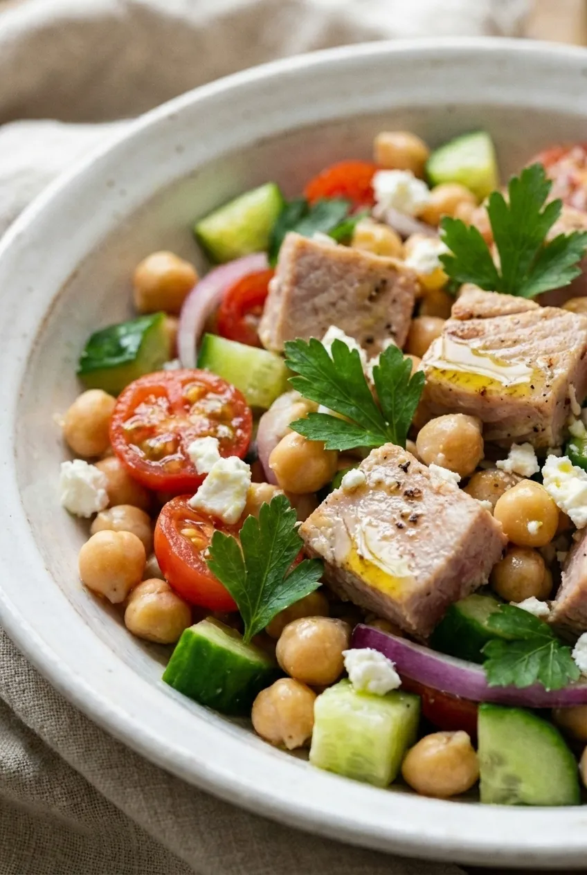 A large white bowl of tuna chickpea protein salad with cherry tomatoes, cucumber, and feta cheese, seen from overhead.