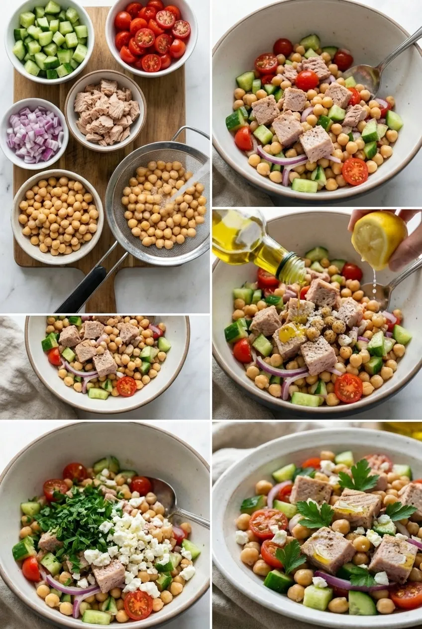 A large white bowl of tuna chickpea protein salad with cherry tomatoes, cucumber, and feta cheese, seen from overhead.