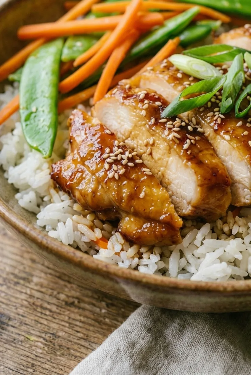 A teriyaki chicken rice bowl in a white bowl with carrots, snow peas, and sesame seeds.
