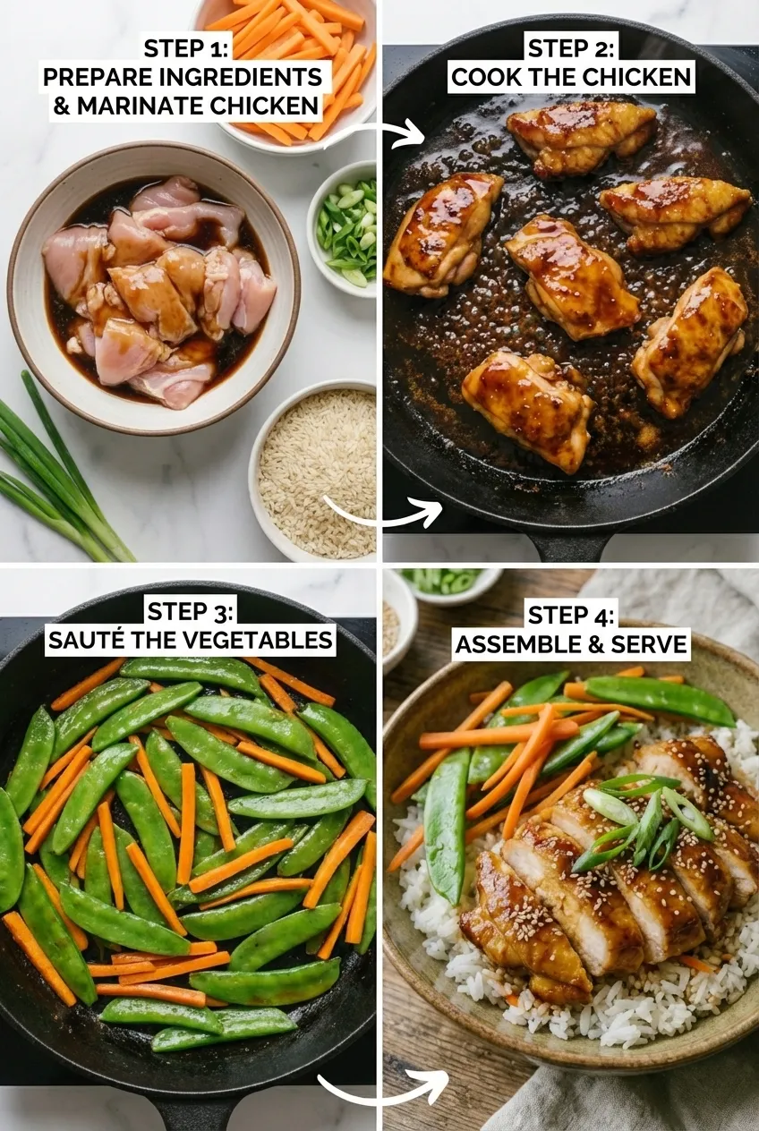 A teriyaki chicken rice bowl in a white bowl with carrots, snow peas, and sesame seeds.