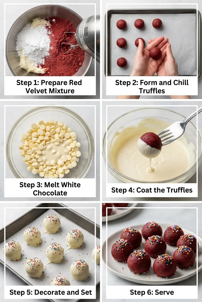 A dozen red velvet truffles coated in white chocolate and red sprinkles arranged on a white serving plate.