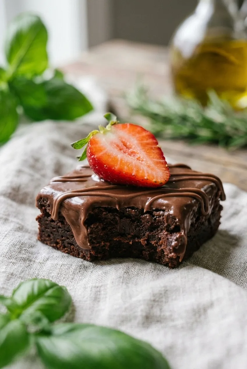 Overhead view of an 8x8 baking pan filled with chocolate covered strawberry brownies, cut into squares.