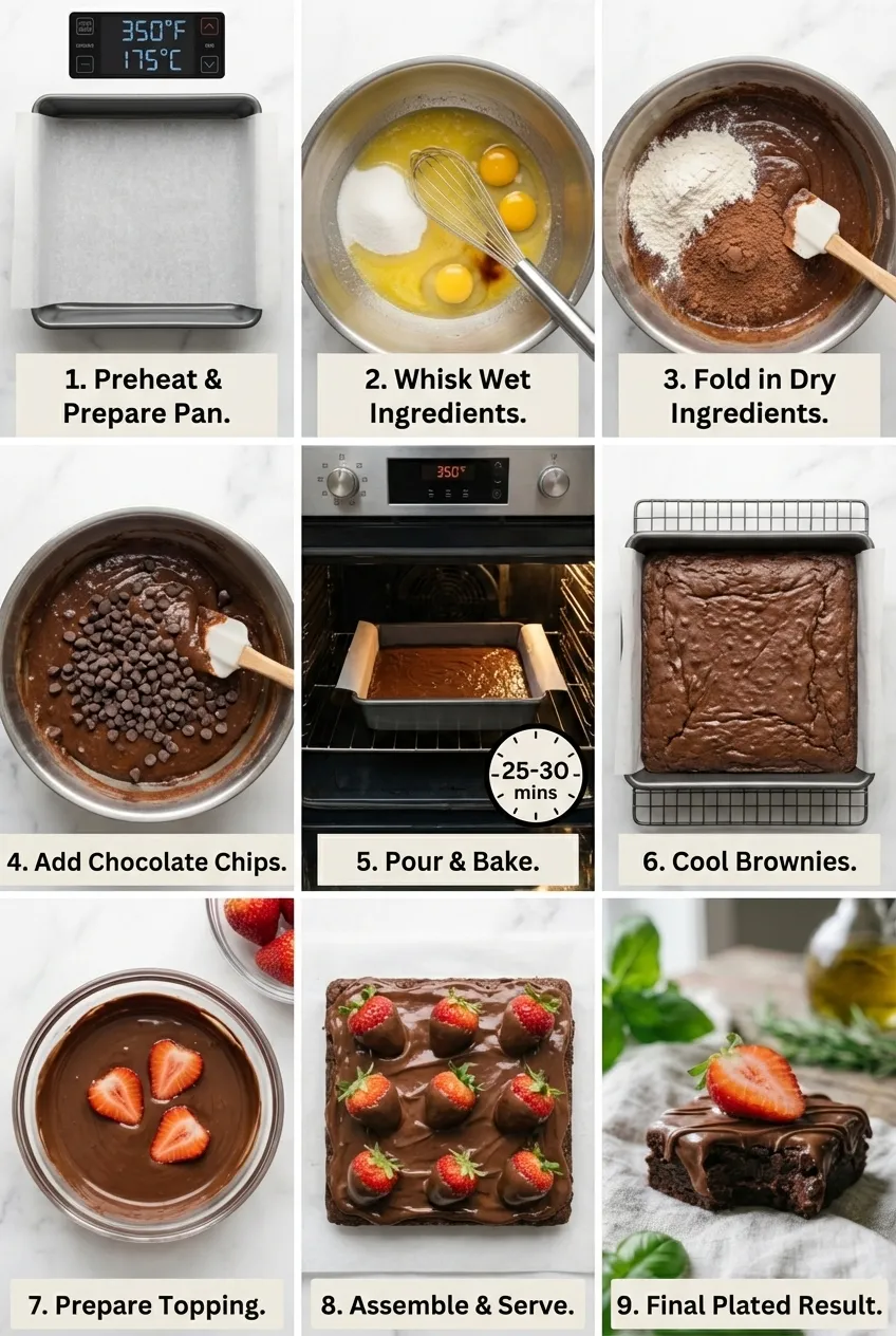 A square-cut chocolate covered strawberry brownie on a white plate, with more brownies in the background.