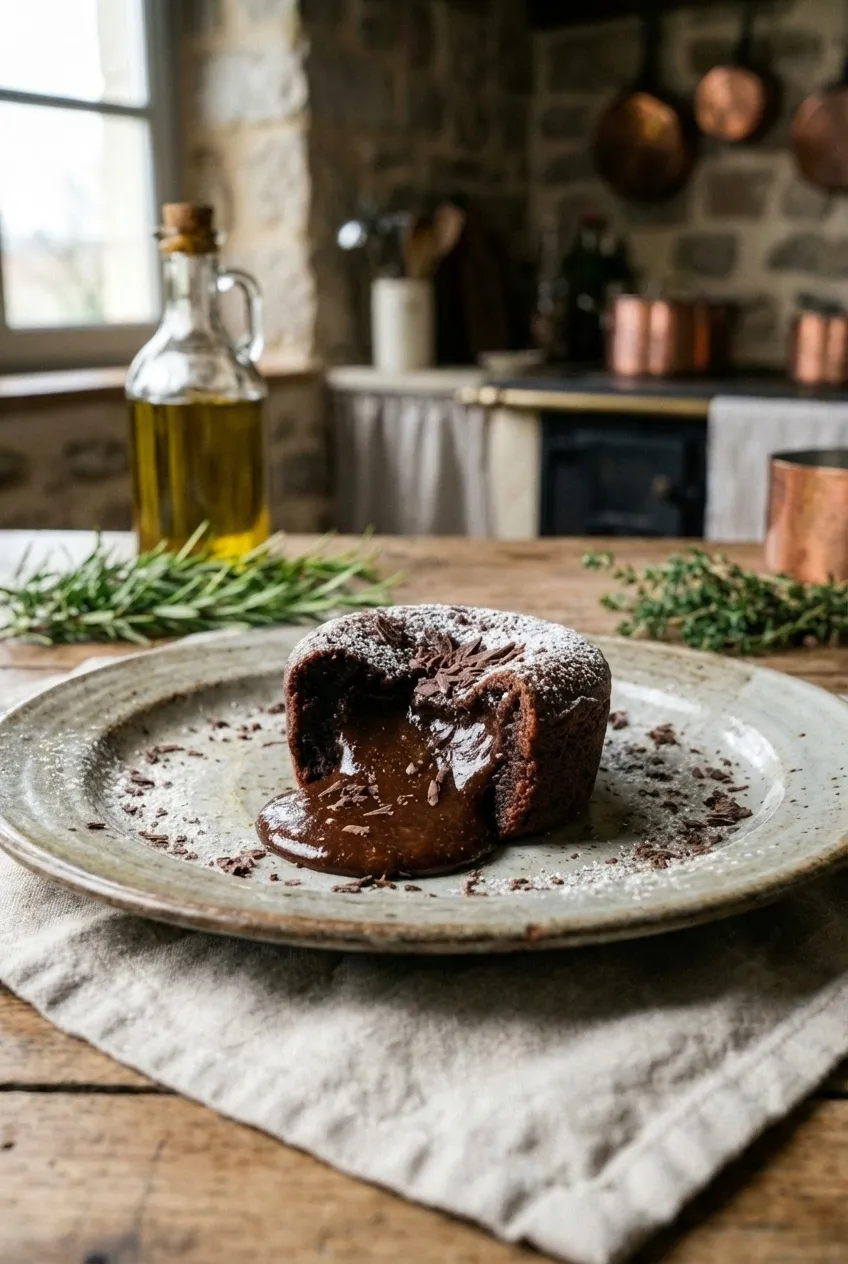 A double chocolate lava cake on a white plate, cut open to show the molten chocolate center, with a dusting of powdered sugar.