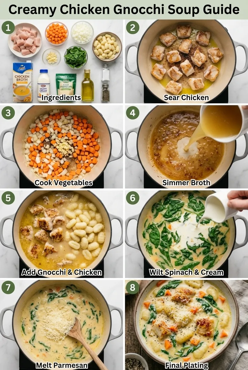 A white bowl of creamy chicken gnocchi soup filled with chicken chunks, sliced carrots, and spinach, seen from a side angle.