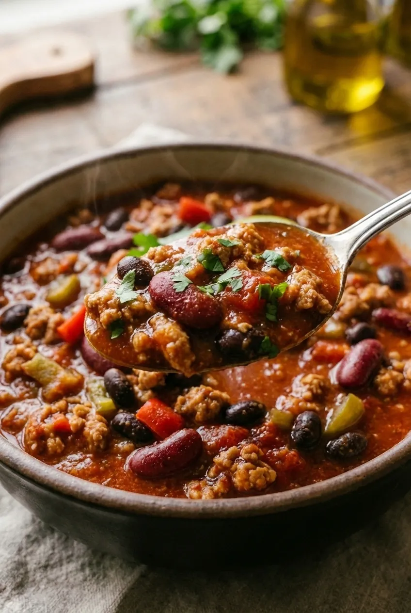 A bowl of hearty turkey chili with beans, garnished with fresh cilantro and a lime wedge.