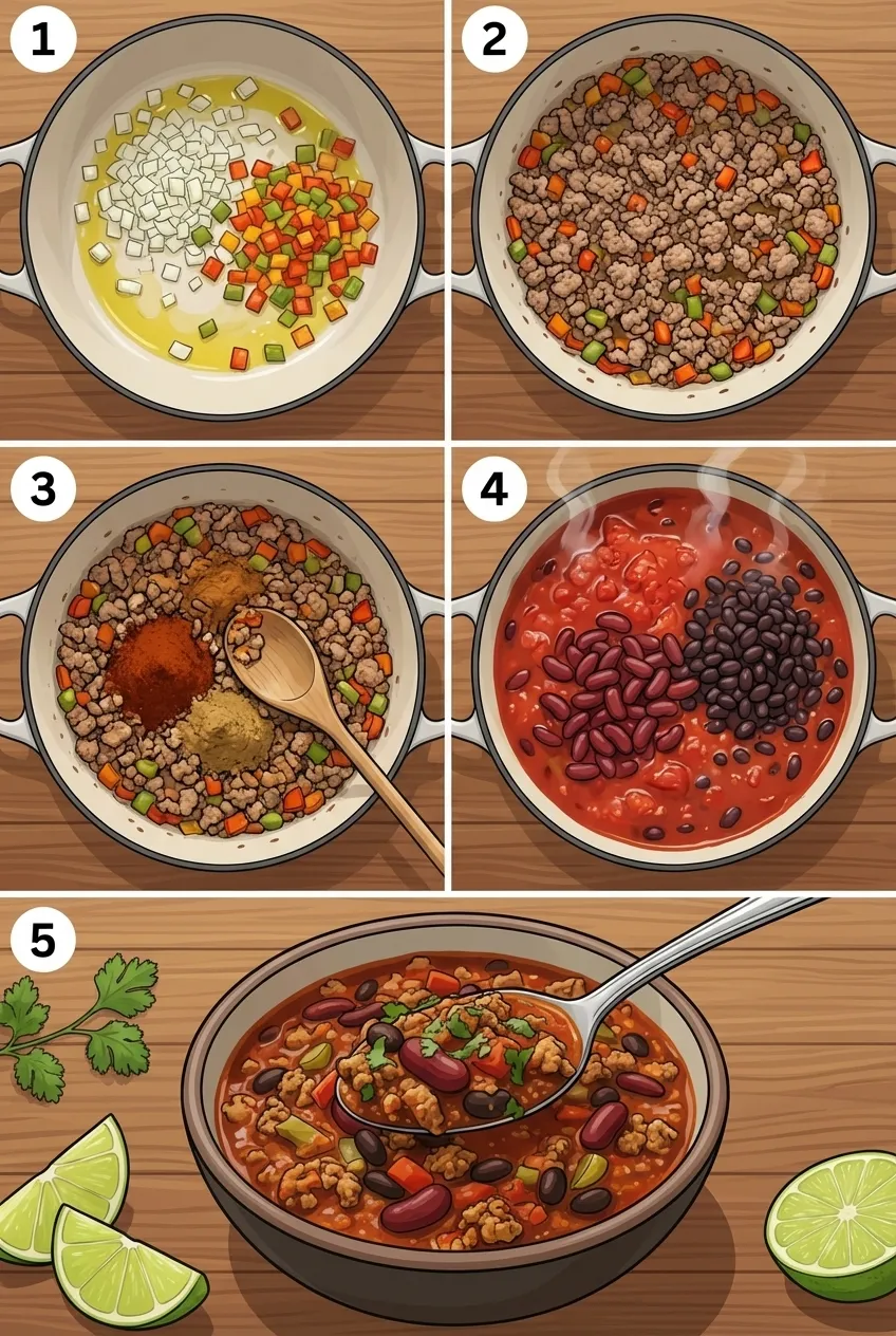 A bowl of hearty turkey chili with beans, garnished with fresh cilantro and a lime wedge.