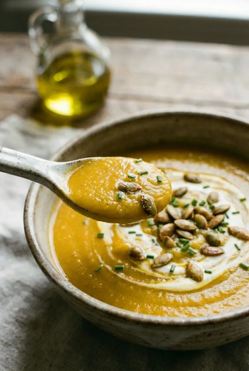 A white bowl of creamy butternut squash bisque, garnished with green chives and toasted pumpkin seeds.