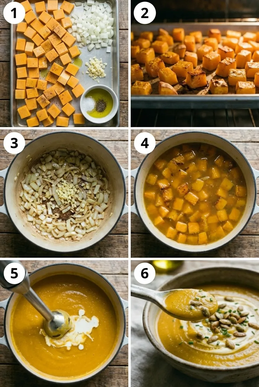 A white bowl of creamy butternut squash bisque, garnished with green chives and toasted pumpkin seeds.