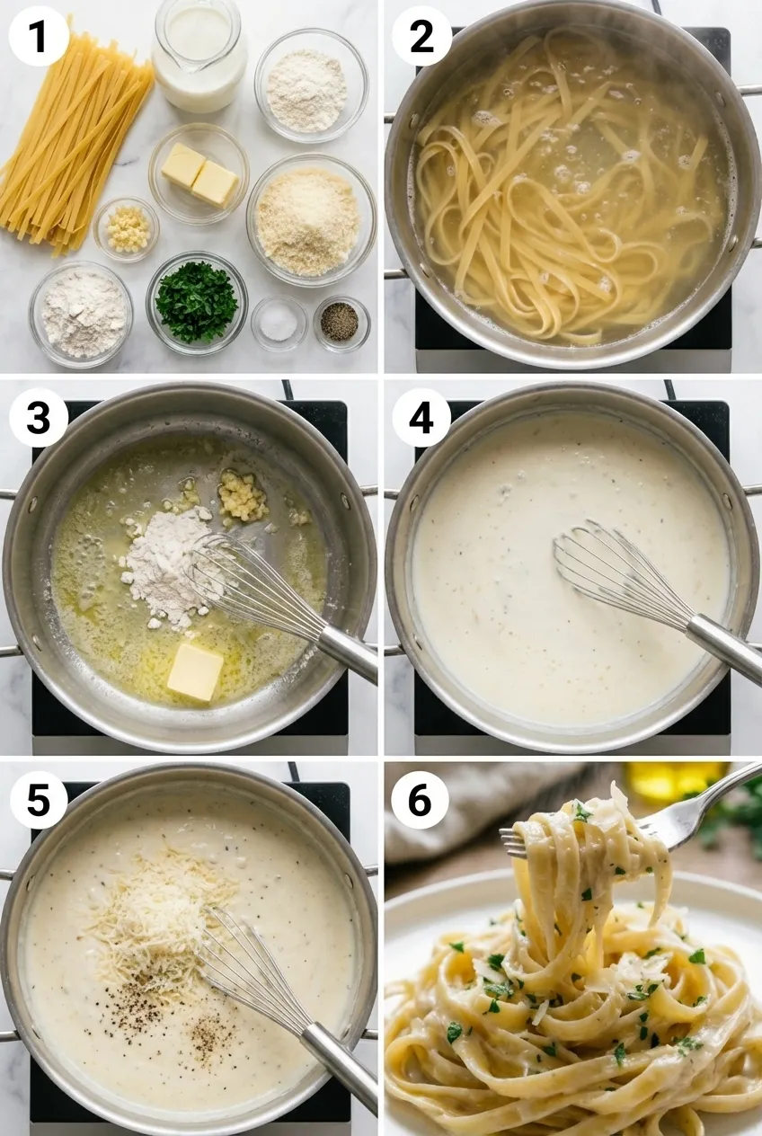 A white bowl of lightened-up fettuccine alfredo, garnished with fresh parsley.