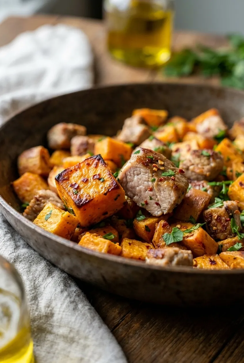 A turkey and sweet potato skillet with red onion and fresh parsley in a large pan, viewed from the side.