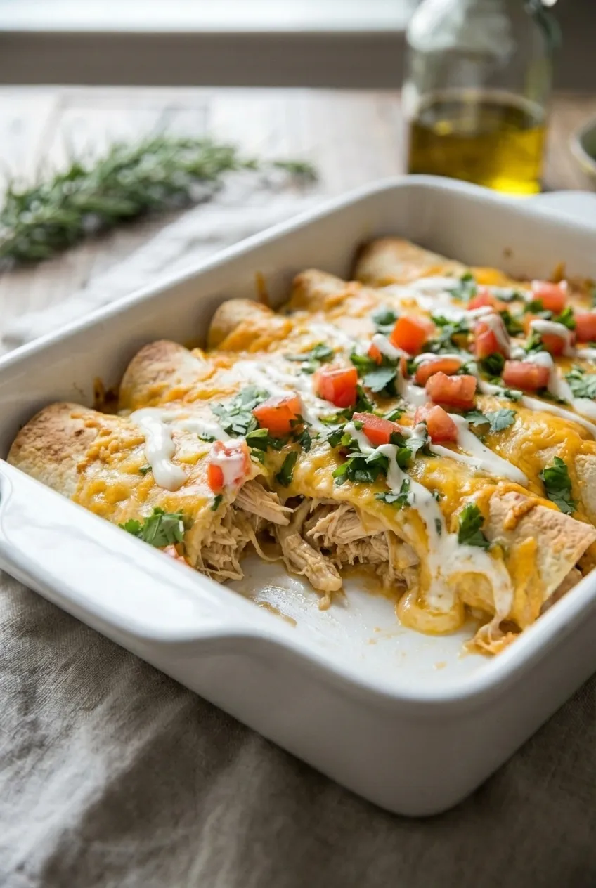 Skinny chicken enchiladas in a white baking dish, topped with melted cheese, sour cream, and fresh cilantro.