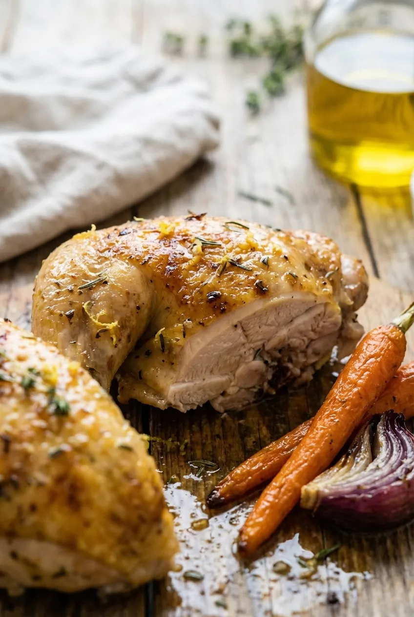 A whole baked lemon herb chicken in a baking dish, surrounded by roasted potatoes, carrots, and red onions.