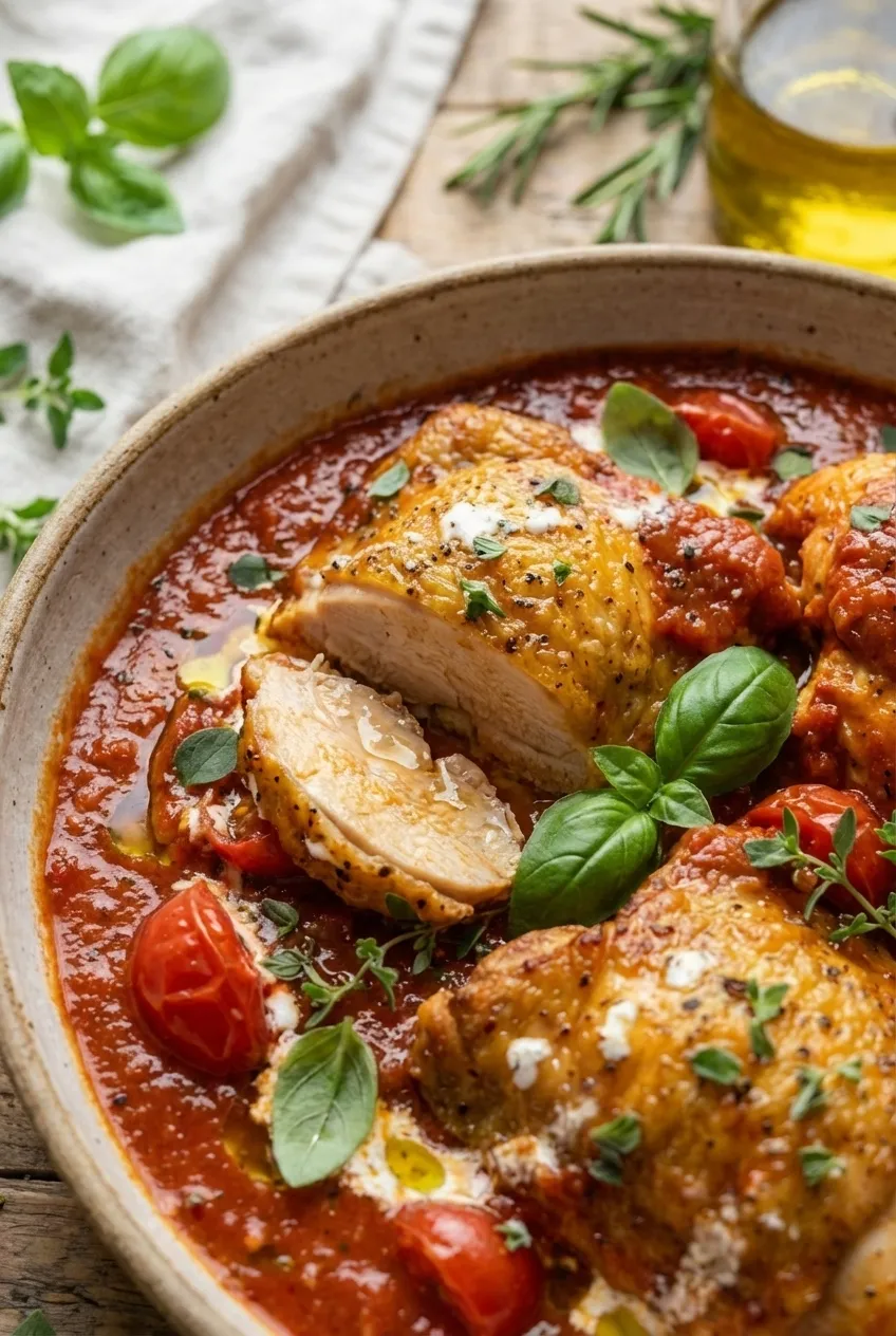 Creamy tomato chicken in a black skillet, garnished with fresh basil leaves.